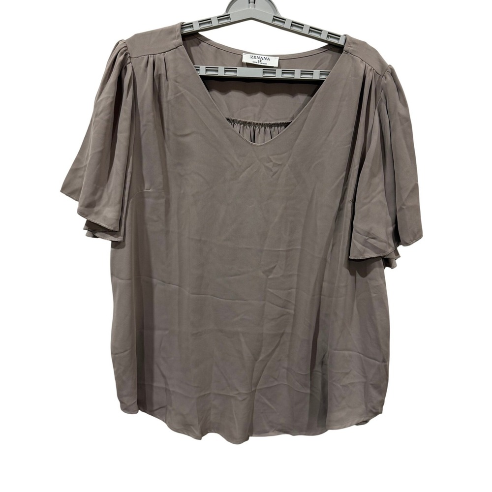 Zenana Women 1X Taupe V-Neck Flutter Sleeve Pleated Back Blouse QT-2716XBA